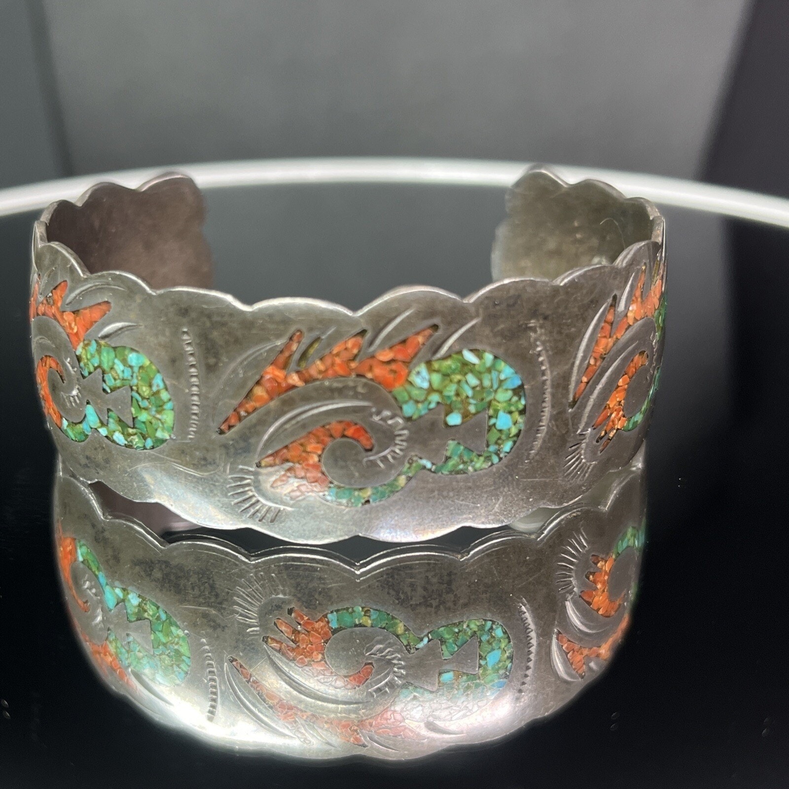 Signed Navajo Turquoise And Coral Inlay 925 Sterling Silver Cuff Bracelet Rare